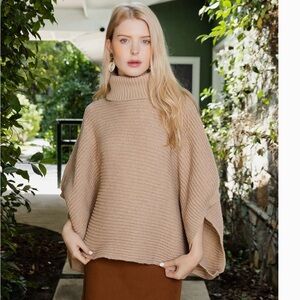 Turtleneck Ribbed Knit Poncho Oat